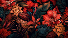 Fine Drawing Style Floral Pattern: Warm Colored Flowers On Dark Background