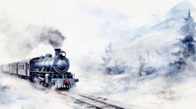 Watercolor Christmas Greeting Card Of A  Train In The Snow.y Forest Landscape With Trees And Snowflakes