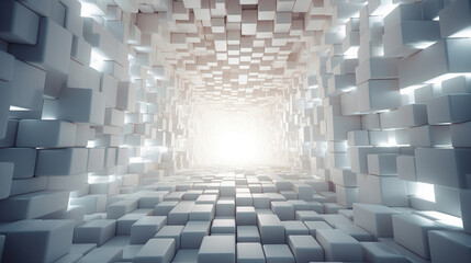 Wall Mural - A mosaic of white cubes in perspective, forming a tunnel