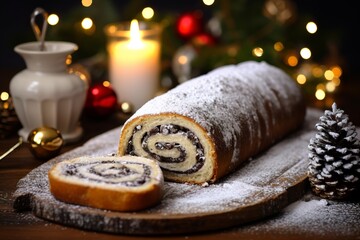 Poster - poppy seeds roll slices with powdered sugar on the christmas table