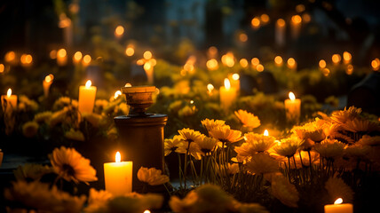 Wall Mural - candles with flowers on wooden table