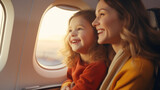 Fototapeta  - Joyful little girl and woman sitting in passenger airplane
