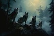 A full moon looms over the watercolor wolves, casting a mystical glow on the pack as they navigate the forest.