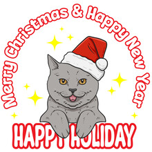 Illustration Of A Gray Cat Wearing A Red Christmas Hat. Merry Christmas And Happy New Year. Happy Holidays. Suitable For T-shirts, Jackets, Hoodies, Bags, Pouches, Etc.