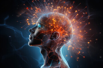 Wall Mural - spiritual life and esoteric concept. silhouette of human head with glowing neurons on dark backgroun