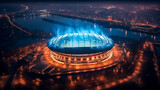 Fototapeta Sport - Aerial view of the football stadium at night. Smoke coming from football fans' torches.