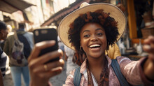 Happy Beautiful African American Ethnicity Woman Tourist With Hat Taking Selfie In Old Town In Europe Italy, Rome.