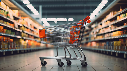 Empty shopping trolley in a supermarket aisle. Inflation, increased cost of spending, economic crisis