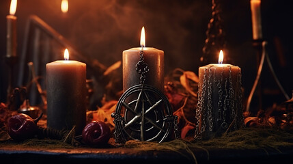 Canvas Print - Composição de bruxaria com joias de velas acesas e símbolo de pentagrama Halloween