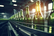 At manufacturing factory, closeup view of conveyor belt in action, rows of transparent glass green bottles for packing in the production process