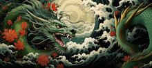 Artwork Majestic Green Dragon With Long Tail In Dynamic Expression In Natural Setting With Big Red Flowers. Chinese, Mythology, Culture, Fantasy Character