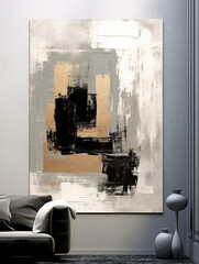 Wall Mural - Abstract Oil Painting: geometric shapes in colors of black, gray and gold in boho style in the living room interior