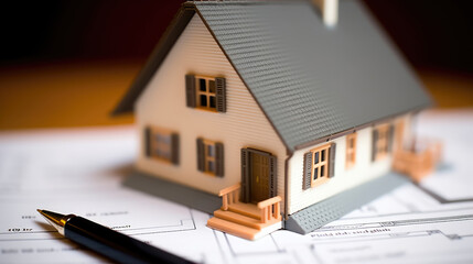 House layout on the table against the background of an architectural drawing, background house plan