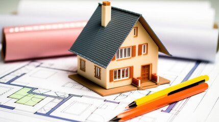 House layout on the table against the background of an architectural drawing, background house plan