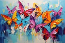 Colorful Abstract Oil Acrylic Painting Of Colorful Butterflies