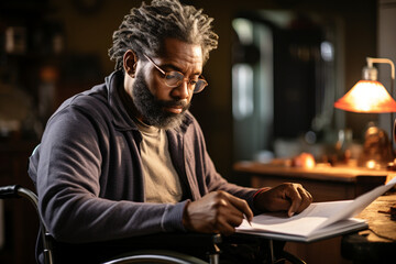 Wall Mural - Focused black disabled man in wheelchair working with documents, using laptop at home office. Handicapped Afro man sitting at desk with computer, checking financial reports.