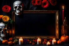Offering With Skull, Flowers, And Candles In The Celebration Of The Dia De Los Muertos With An Empty Photo Frame,mockup, Halloween