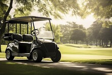 Golf Cart On A Green And Expansive Golf Course