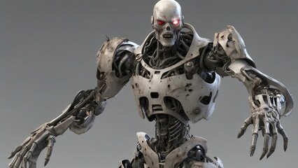 the skeleton of a cyborg   half man half robot with flesh falling off showing the robot underneath,  