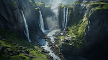 An Aerial View Of A Majestic Waterfall Cascading Down A Rocky Cliff Face