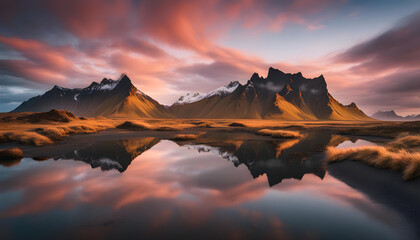 Wall Mural - sunset over the lake in snow mountains