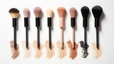 Fototapeta  - Liquid foundations, makeup brush, swatches and face powder on white background, copy space, 16:9
