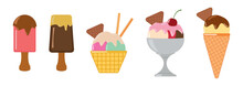 Set of tasty ice creams on a stick, eskimo pie, choc-ice. Gelato with different tastes, eskimo pie, popsicle, collection isolated popsicles with different topping. Vector illustration.