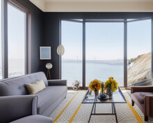 We Designed A San Francisco Living Room In An Apartment Overlooking The Ocean. Designed Using AI.