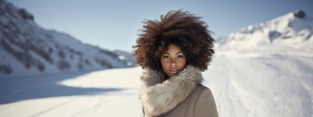 african american woman with afro style hair in the winter