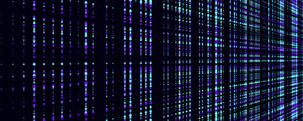 Futuristic blue dots background. Abstract glitch background. Corrupted binary code. Technology of many glowing particles. Artificial intelligence. Big data visualization. Vector illustration.