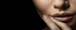 Close-up of a woman with makeup, painted lips, perfect manicure and painted nails. Creative banner for beauty salon. 