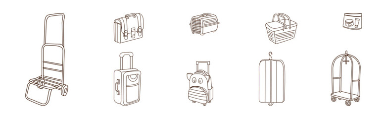 Sticker - Luggage and Baggage with Line Drawn Bag Packed for Journey Vector Set