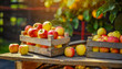 Organically produced and harvested vegetables and fruits from the farm. Fresh red and yellow apples in wooden crates and sacks. Stored and displayed in the warehouse