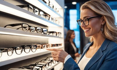 Close up of a gorgeous young woman smiling while choosing eyeglasses at an optician in a shopping mall. Happy beautiful woman shopping for glasses