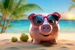 Ein lustiges Sparschwein steht mit Sonnenbrille am Strand