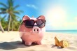 Ein lustiges Sparschwein steht mit Sonnenbrille am Strand