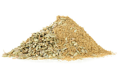 Canvas Print - Pile of ground fennel and fennel seeds isolated on a white background