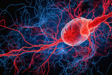 Illustration Of Neurons, Blood Vessels, Tumor In Red And Blue Colors.