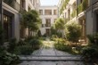A peaceful courtyard surrounded by buildings and greenery. Generative AI
