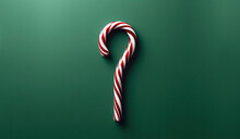 Candy Cane Sweet On A Green Background.  Christmas And New Year Concept. Top View.  Copy Space For Text, Advertising, Message, Logo. Ar 16:9