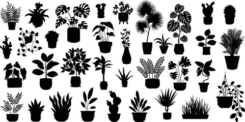 Set of different potted houseplants silhouettes. indoor flowers or plants in flowerpots or vases flat vector illustrations collection