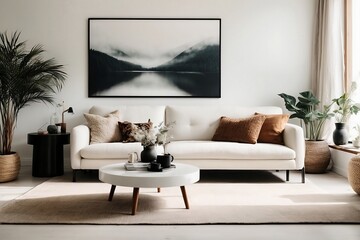 Wall Mural - White sofa and black coffee table against white wall with art poster. Scandinavian boho home interior design of modern living room generative AI	