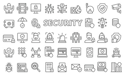 security icon set in line design. protection, safety, secure, guard, alarm, surveillance, lock, acce