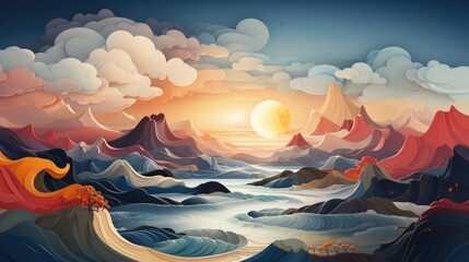 Canvas Print - Abstract surreal landscape illustration with colorful mountains under cloudy sky, digital background