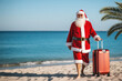 Santa Claus with a red suitcase walking on the tropical sandy beach in the sunny daytime sea background. Copy space for text.Travel concept for the Christmas holidays and New Year.Vacation discounts.