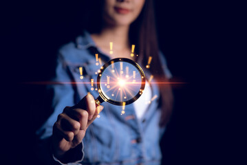 Fototapete - Innovation. Business woman hand holding light bulb for Concept of new idea concept with innovation and inspiration, innovative technology in science and communication concept