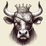 Fototapeta Pokój dzieciecy - Portrait of Bull with diadem and eye patch. Hand-drawn illustration