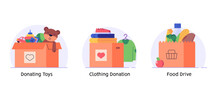 Volunteer Group Collecting Donations. Charity Organization Donating Clothes, Food And Toys For Poor People. Concept Of Clothing Donations, Volunteer Help, Donate Food, Toys. Vector Flat Illustration