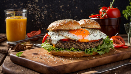 Wall Mural - Juicy appetizing burger sesame seeds, a cutlet, fried egg and vegetables