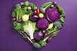 Artistic vegetable heart on purple background. Generative AI